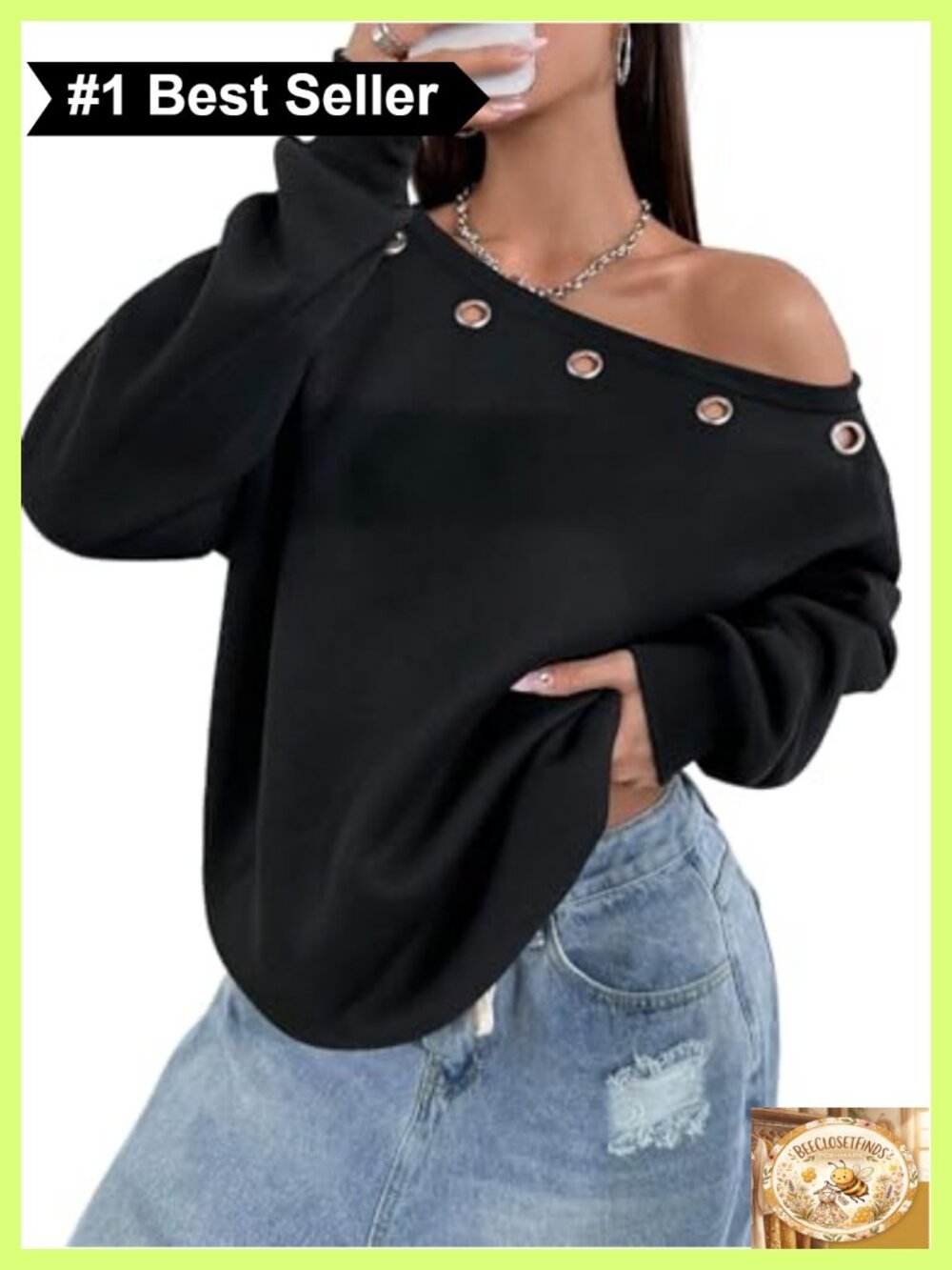 Off Shoulder Oversized Sweatshirt Grommet Long Sleeve Pullover Top